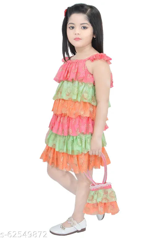 The image shows a child in a multicolored cotton blend frock