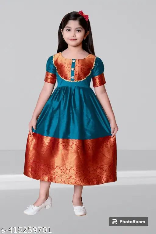 Blue, red, and black silk frock for girls, traditional South Indian festival attire