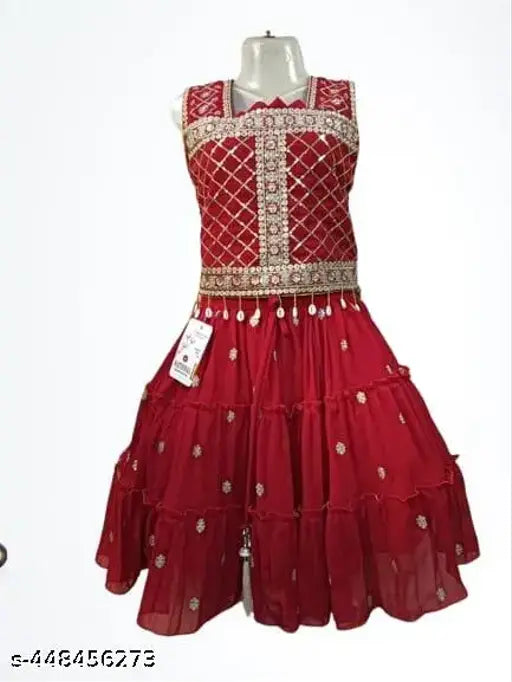 Red Georgette embroidered kurti & palazzo Sharara set for fashion-forward girls
