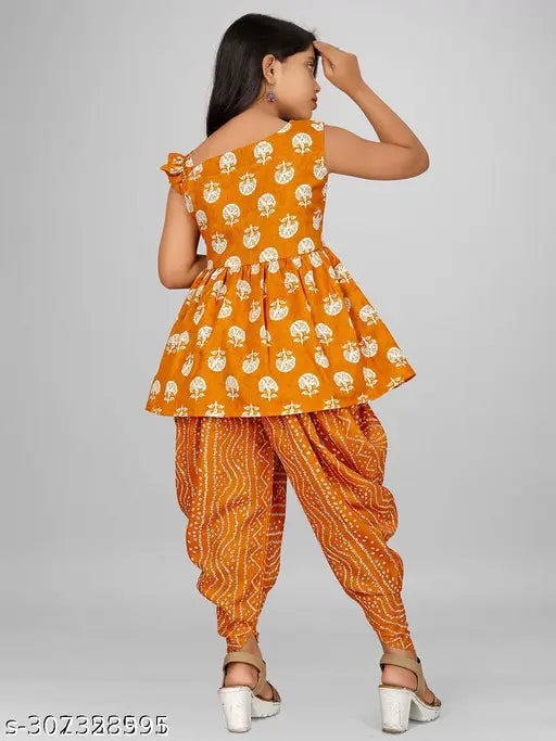 Yellow Rayon Bandhani Printed Indo-Western Kurta Top Set with Dupatta and Dhoti, perfect for special occasions on 4-14 yr old girls. Vibrant, comfortable, and easy to care for. Made in India