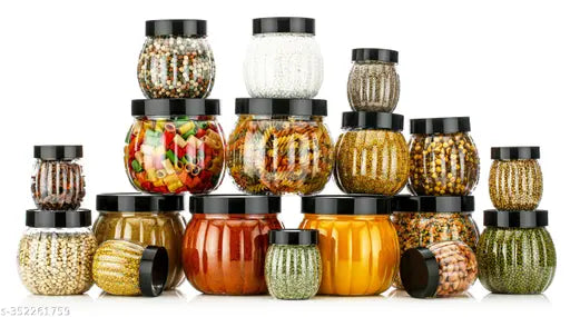A stackable set of air-tight kitchen storage containers, featuring BPA-free materials in various sizes (300ml, 650ml, and 1400ml), with modular design and Matka shape. Perfect for storing groceries, grains like rice, and Masala boxes