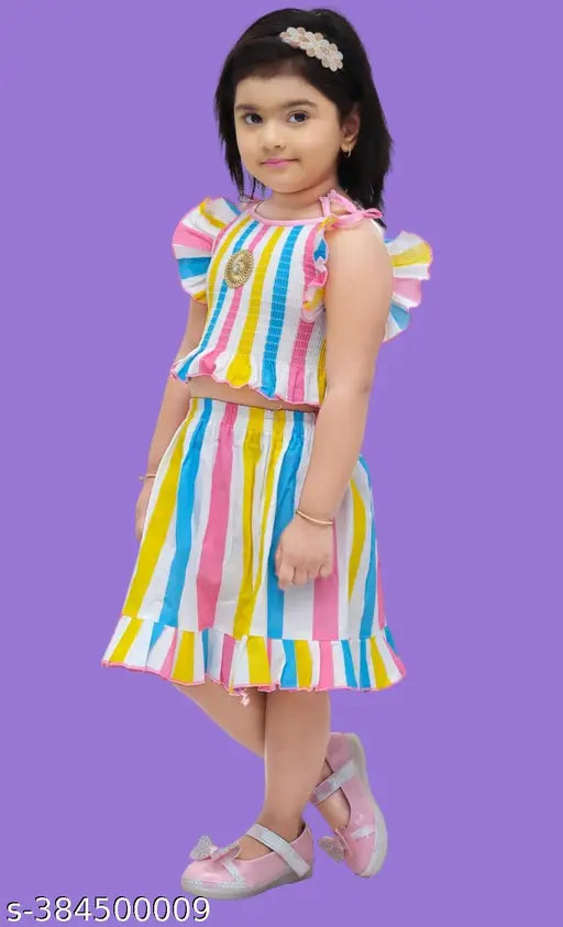 Striped cotton kids dress 2-part set, three-quarter sleeves, sizes 6-9 months to 1-2 years. Indian-made kids party wear or mini skirt set
