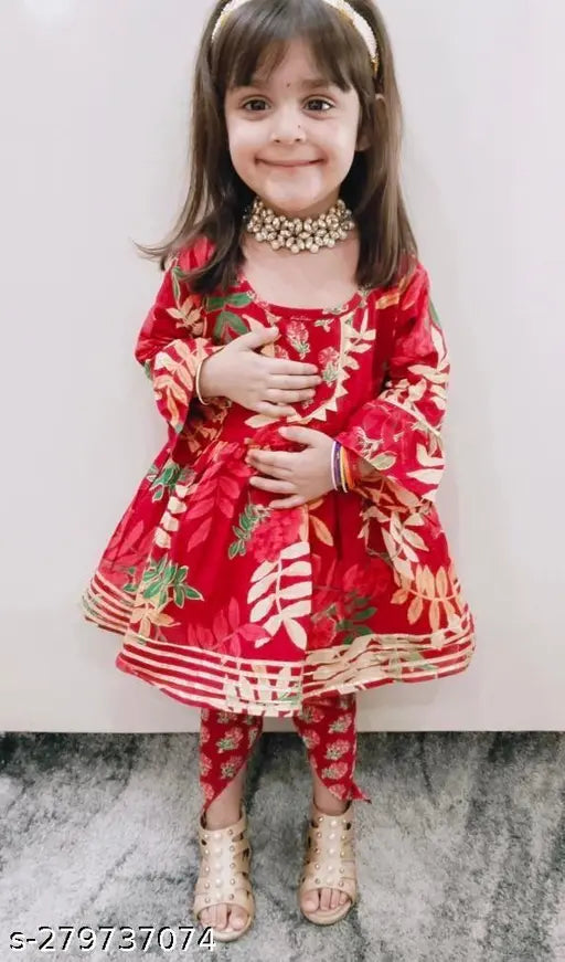 Cotton Cambric Anarkali Frock & Dhoti set, printed floral design for 12-18 Months Indian girls
