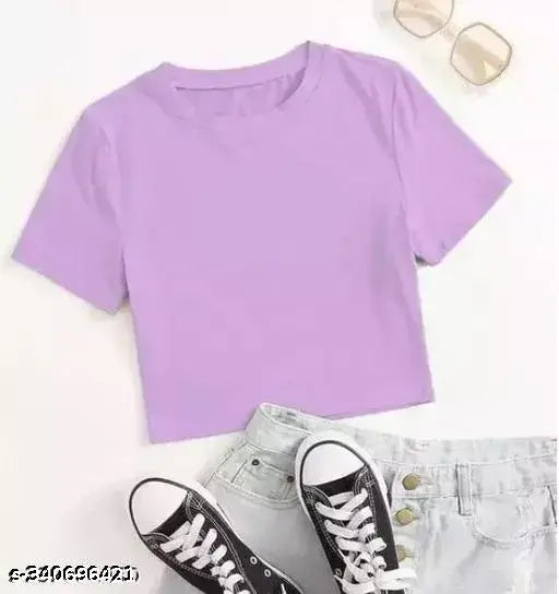 Cotton blend women's crop half sleeve solid t-shirt, short sleeves and XS to XL sizes available