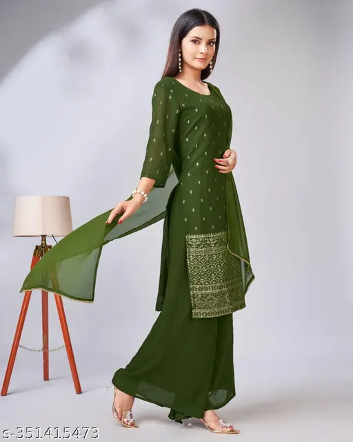 Green Georgette Sharara-Tinu Kurta Set with Dupatta and Palazzos, embroidered three-quarter sleeves, Indian ethnic wear on mannequin