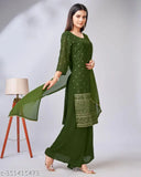 Green Georgette Sharara-Tinu Kurta Set with Dupatta and Palazzos, embroidered three-quarter sleeves, Indian ethnic wear on mannequin