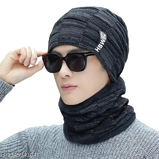 Winter Warm Acrylic Cap & Fur-lined Neck Scarf - Unisex Balaclava, Textured Design, Made in China