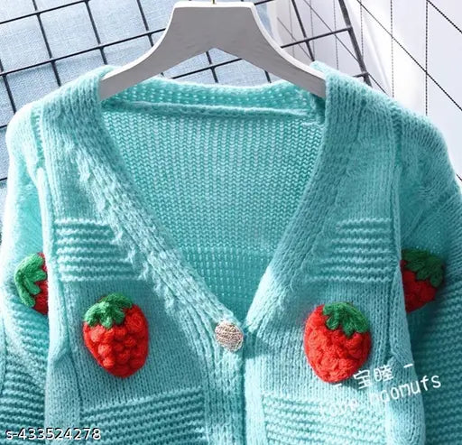 Blue wool women's long-sleeve cardigan, self-design knitted with vibrant red strawberries, hand wash