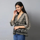 Black paisley printed georgette empire top by The Seamsters Crew, three-quarter sleeves, XS - XL sizes