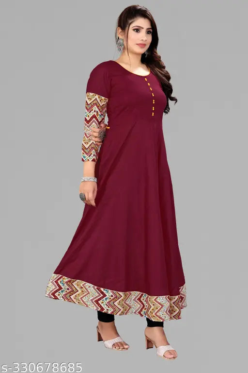 Maroon rayon Anarkali Kurti with solid border, three-quarter sleeves - versatile office wear or occasion dress
