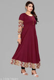 Maroon rayon Anarkali Kurti with solid border, three-quarter sleeves - versatile office wear or occasion dress