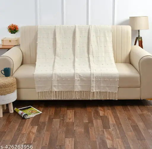 Beige cotton striped loop throw sofa blanket, 1.3 x 1.8 meters/52 x 70 inches
