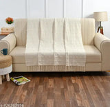 Beige cotton striped loop throw sofa blanket, 1.3 x 1.8 meters/52 x 70 inches