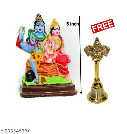 Multicolor Shiv Parivar Murti statue, featuring Shiva, Parvati, and Ganesha idols. Vastu-compliant home temple decor, height 5 inches