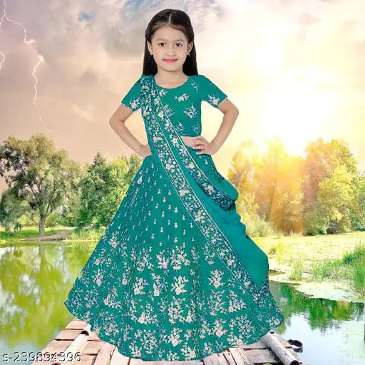 Dark silk baby lehenga set with crop top blouse, floral design, velvet suit, bandhani golden organza print. Traditional Indian dress for kids, suitable for Navratri or festivals. Sizes: 0-3 Months - 14-15 Years. Made in India
