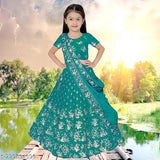 Dark silk baby lehenga set with crop top blouse, floral design, velvet suit, bandhani golden organza print. Traditional Indian dress for kids, suitable for Navratri or festivals. Sizes: 0-3 Months - 14-15 Years. Made in India