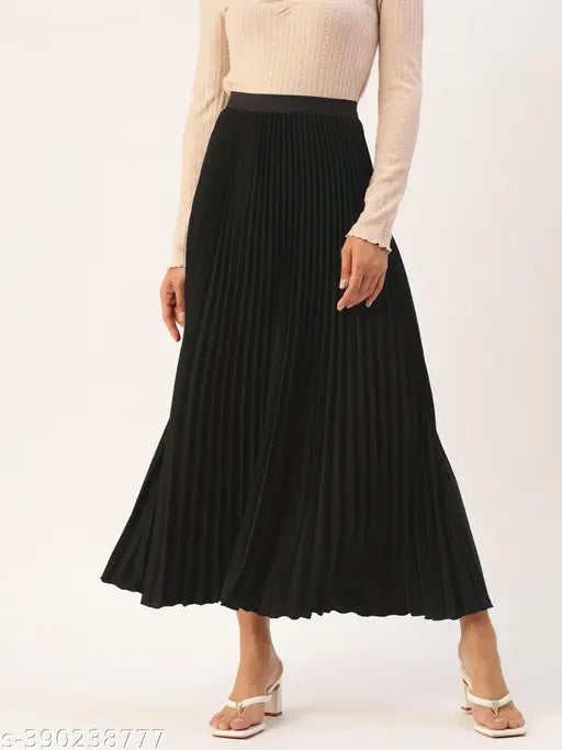 Black pleated maxi skirt with high waist and flared silhouette