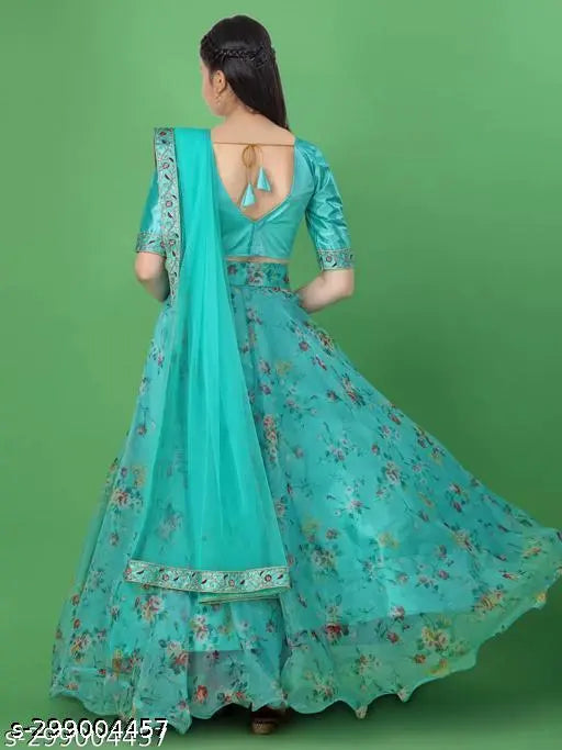 Organza unstitched Lehenga-Choli and Dupatta set for girls, embroidered with semi-stitch detail. Lehenga in taffeta silk, Choli in Bengal silk, Dupatta in net fabric. Available in various sizes from 3-4 Years to 13-14 Years, color may vary due to lighting or screen settings. Hand wash recommended for Choli and Dupatta. Made in India