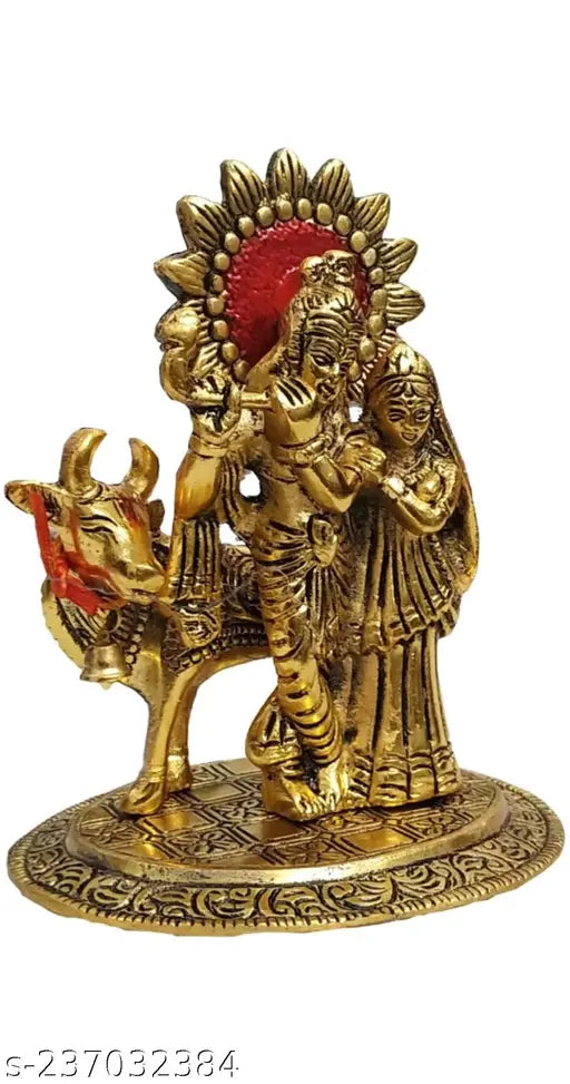 Metal Radha Krishna cow idol set, Luck, Happiness, and Prosperity decor item for home, office, or temple gift, 5.5 x 6.5 x 4 inches, made in India