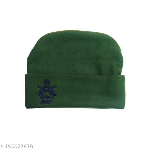 Olive green unisex woolen military beanie cap with army logo for winter season, high-quality and lightweight wool fabric