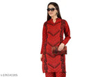Red woolen aline kurta with intricate printed design