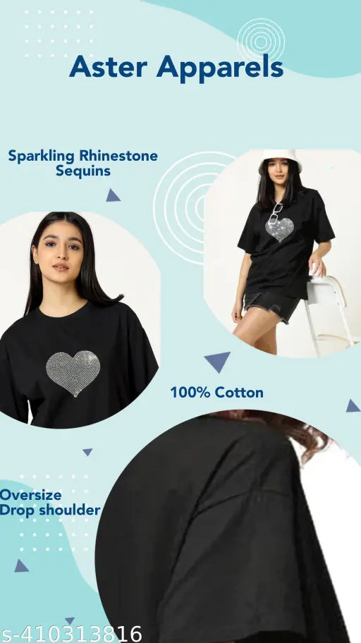 Black cotton oversized t-shirt with heart design, glittering rhinestones, sequins, trendy style, loose long baggy fit