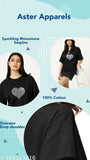 Black cotton oversized t-shirt with heart design, glittering rhinestones, sequins, trendy style, loose long baggy fit