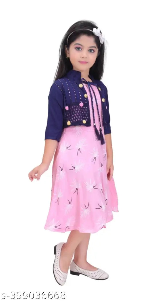 Rayon printed net gown with three-quarter sleeves, suitable for parties and events like weddings, Diwali, Navratri, Christmas. Comfortable and versatile for all seasons, available in sizes 2-3 Years (Bust Size: 20 in, Length Size: 26 in), 3-4 Years (Bust Size: 22 in, Length Size: 28 in), etc., imported from India
