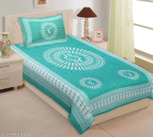 100 Cotton Jaipuri Single Bedsheet, Teal, with floral print, 1 pillow cover.
