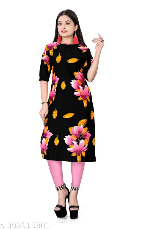 Black crepe kurti with floral print, long sleeves, front pocket, straight neckline, full length