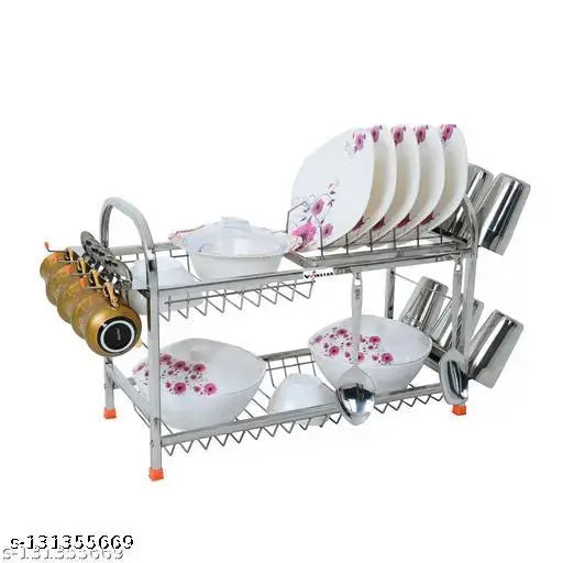 Stainless steel two-shelf wall mount kitchen utensils rack with plate, cutlery stand, and modular storage rack for pots, pans, and kitchen organization. Dimensions 15 x 21 inches