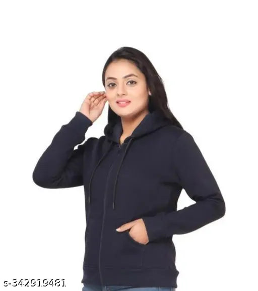 Navy fleece long-sleeve zipper hoodie for women or girls, solid color design