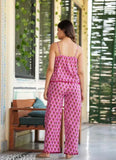 Printed rayon pyjamas with sleeveless spaghetti top and palazzo bottom, featuring an elasticized waistband for a comfortable fit. Indian-made nightsuits in sizes XS to 4XL
