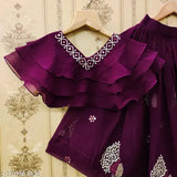 Embellished poly georgette crop top with embroidered net lehenga for kids, Indian designer outfit suitable for weddings, ceremonies, parties, birthdays, and festivals