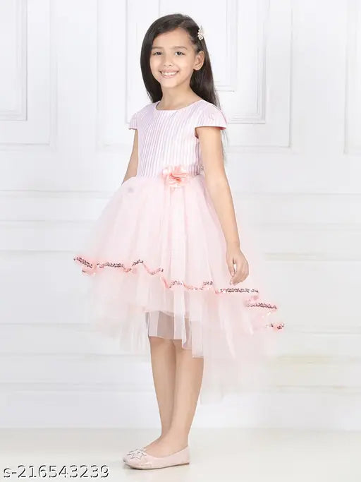 Peach net hi-low girls dress with embellished balloon pattern, perfect for parties (Size: 2-3 years, Country of origin: India)