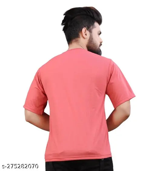 Peach cotton rich solid round neck half sleeve t-shirt with printed pattern, soft and durable for all seasons, made in India