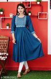 Rayon embroidered Anarkali kurti, single-tone Indian fashion with three-quarter sleeves, on mannequin