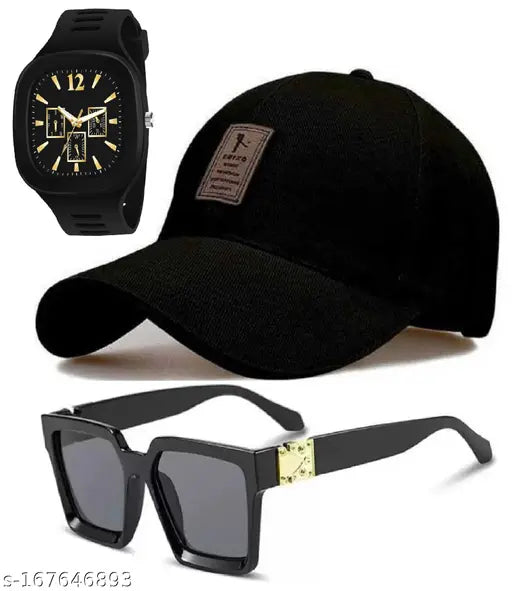 Black combo with royal-looking black baseball cap, analog watch, and polarized sunglasses set for men and boys (Diwili Best Gift Offer Pack) - India made cotton accessories