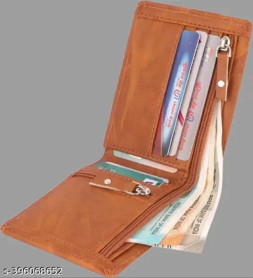 Gold PU leather bi-fold wallet, fashionable men's Zhermack wallet with 2 compartments, 4 card slots, chain pocket, flip ID, secret slots, and skin feel. Solid design from India