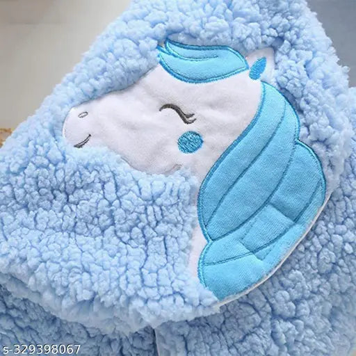 Blue microfiber comforter hooded baby wrapper/blanket by Aakriti, ultra-soft and trendy