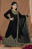 Kids' Georgette embroidered long gown in sunshin arkali, polyester fabric with three-quarter sleeves. Embellished for parties and special occasions. Available in various colors and sizes. Designer's unstitched gown (up to size 44). Hand-embroidered work, suitable for weddings and special events. Comes with a dupatta. Size: 7-8 Years (Bust Size: 26 in, Length Size: 26 in)