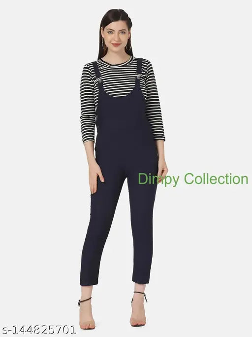Navy twill dungaree dress with striped top, adjustable straps, side pockets, and button closure. Women's size S to XL, ideal for casual days or college wear