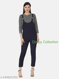 Navy twill dungaree dress with striped top, adjustable straps, side pockets, and button closure. Women's size S to XL, ideal for casual days or college wear