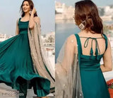 Merald green Anarkali art silk gown with net dupatta, sleeveless and suitable for Indian women's parties or weddings