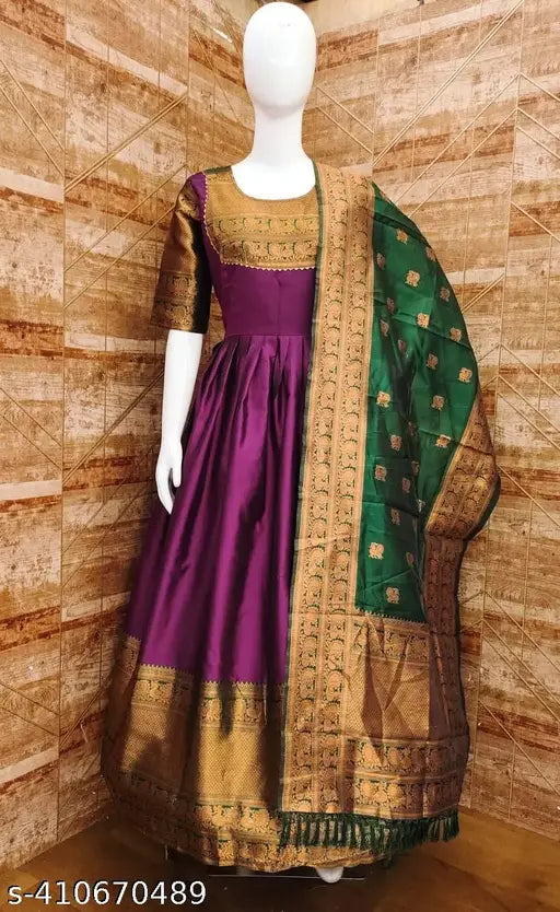 Purple art silk gown with green dupatta, short sleeves, zari woven pattern from India, new design for women's festive wear