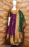 Purple art silk gown with green dupatta, short sleeves, zari woven pattern from India, new design for women's festive wear