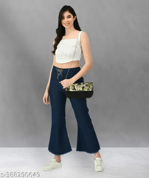 Dark blue denim high-waisted jogger jeans, bell bottom style