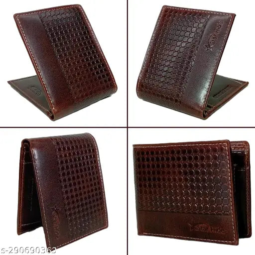 Brown genuine leather wallet, free size (22cm x 8cm), features 6 card slots, coin pocket, & currency compartments. Perfect men's accessory for everyday use