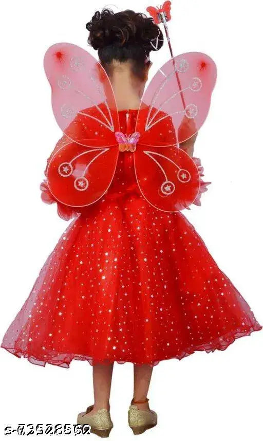 Girls red net frock dress, embellished three-quarter sleeve pack of 1, high-quality cotton for summer casual wear