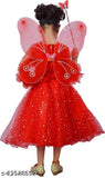 Girls red net frock dress, embellished three-quarter sleeve pack of 1, high-quality cotton for summer casual wear